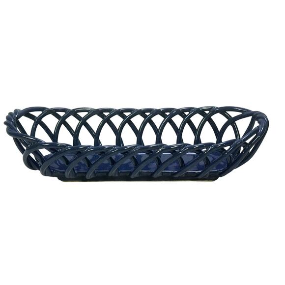 Ceramic Open Woven Weave Blue Bread Baguette 15.5" Centerpiece Basket-Exquisite - Picture 1 of 5